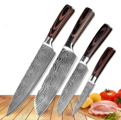 Premium Damascus kitchen knife set with elegant storage box, featuring high-carbon stainless steel blades and color-treated wood handles