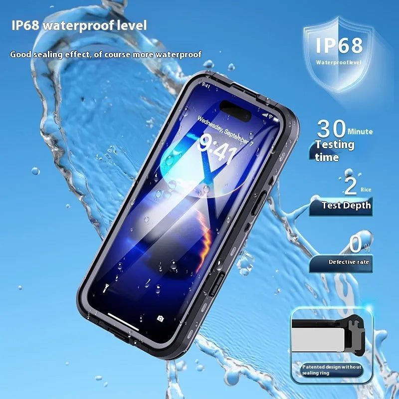 Waterproof anti-fall phone case for iPhone 16 in black dark gray, black red and black grass blue, made from PC, TPU and PET.