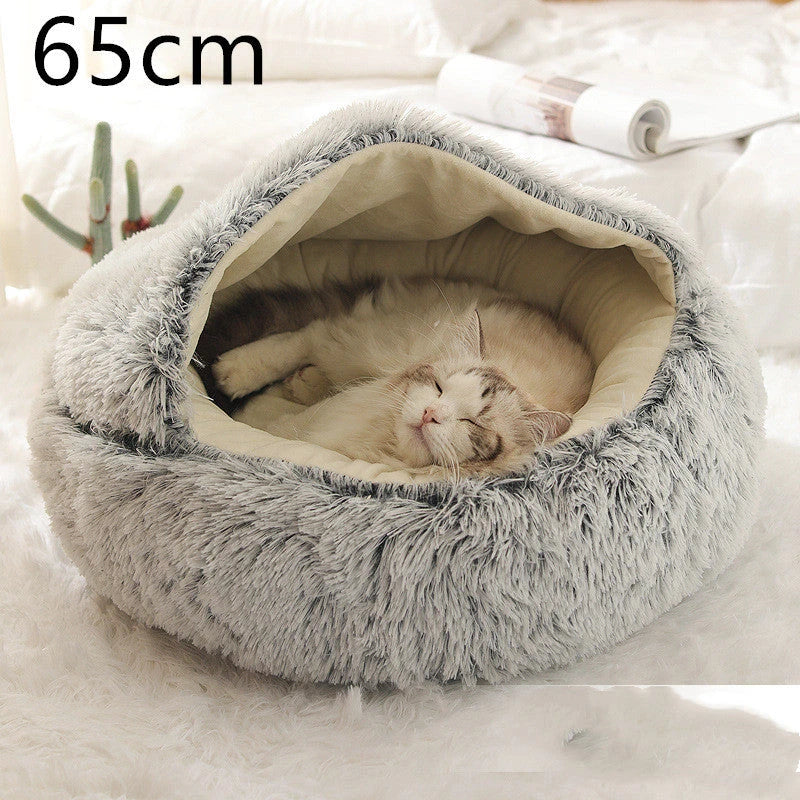 A soft, plush pet bed in various colors, including olive green, brown, pink, and grey, designed for the comfort and relaxation of cats and dogs.