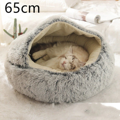 A soft, plush pet bed in various colors, including olive green, brown, pink, and grey, designed for the comfort and relaxation of cats and dogs.