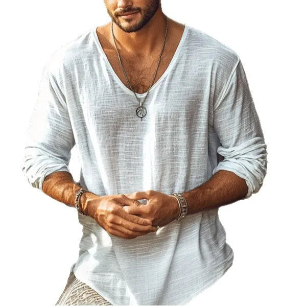 Beige V-neck long-sleeved slim fit t-shirt on a hanger
