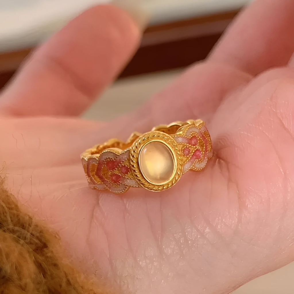 Pink crystal enamel open mouth ring with geometry shape design on copper gold plating