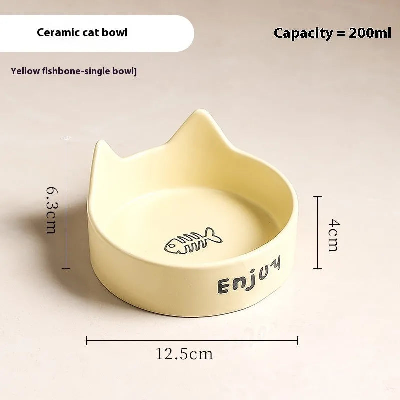 Porcelain cat bowl with cat ears rim and wooden anti-tumble frame in selected colour