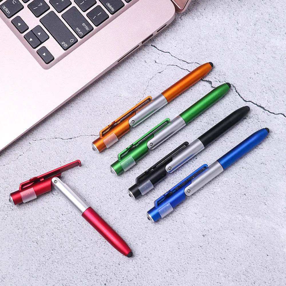 4-in-1 folding light pen mobile phone holder showing pen, phone stand, and LED light functions
