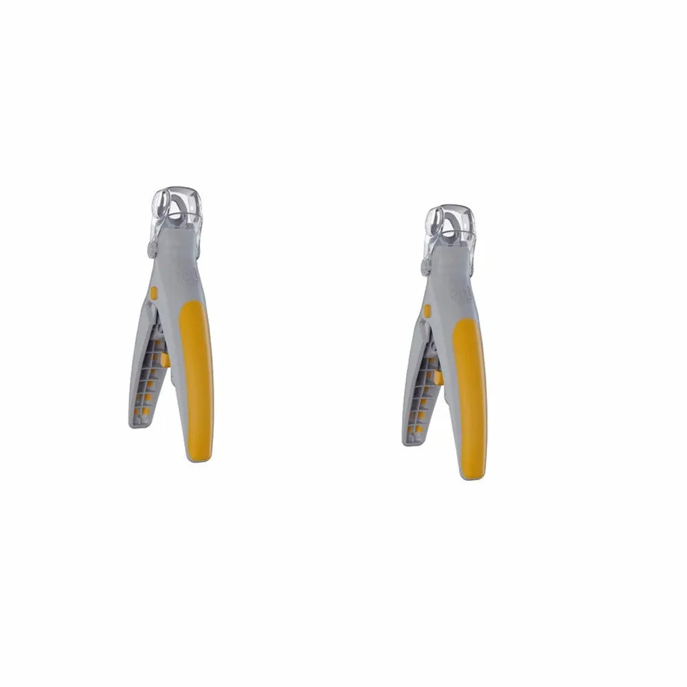 Yellow and grey pet nail trimmer clipper with LED light and magnifying glass on white background