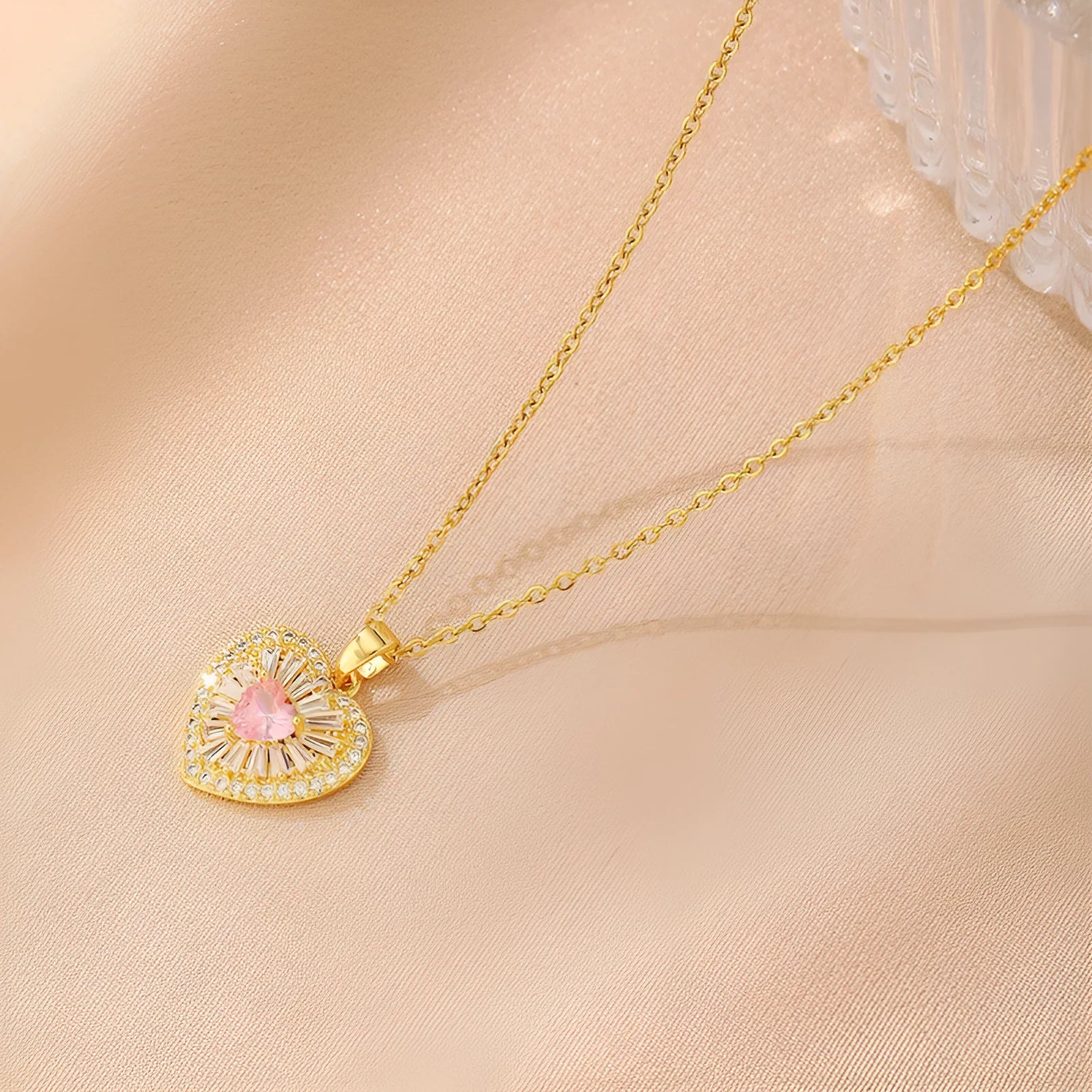 Women's copper electroplated necklace showing the butterfly, cross, heart, and round diamond pendant options.