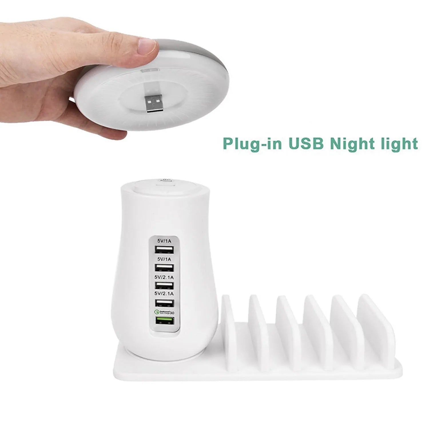 Besegad 5-port USB charging station with mushroom-shaped LED night light on desk