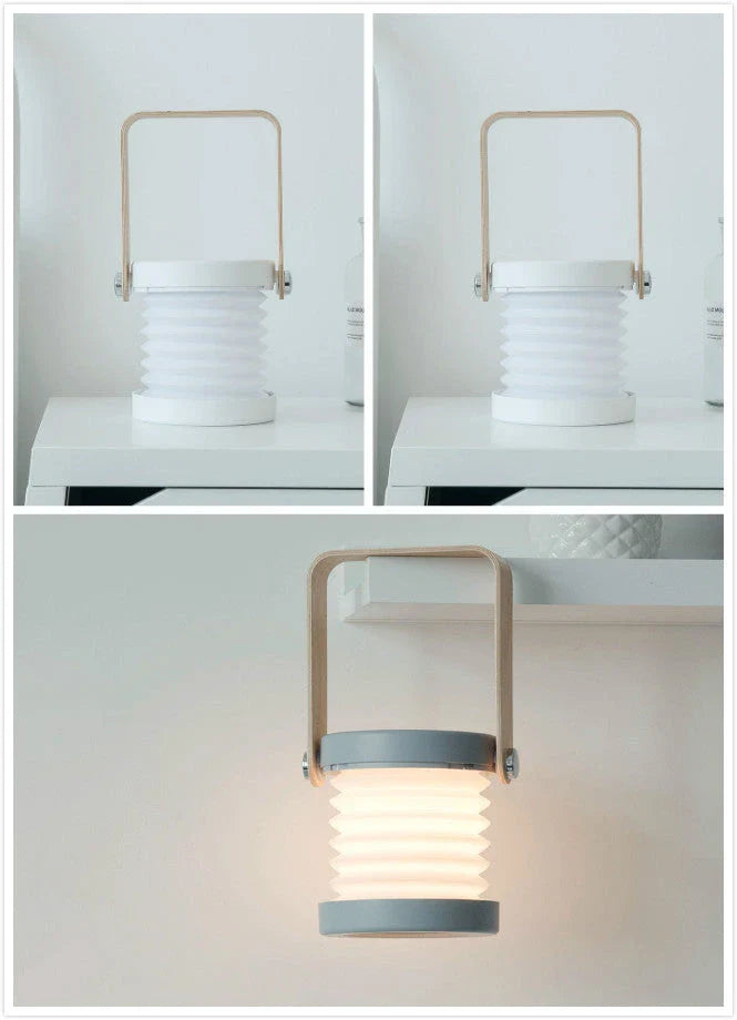 A foldable LED lamp with touch-sensitive dimming control, rechargeable battery, and a versatile design for home decor.