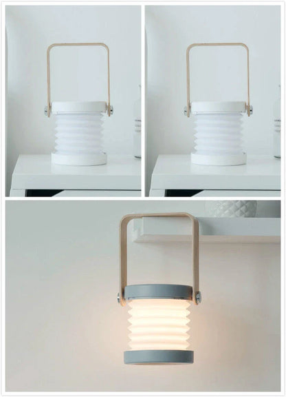 A foldable LED lamp with touch-sensitive dimming control, rechargeable battery, and a versatile design for home decor.