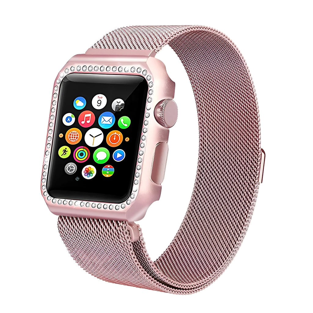 Rose pink 316 steel smart watch strap with frame, adjustable sizing, 38mm 40mm 42mm 44mm options