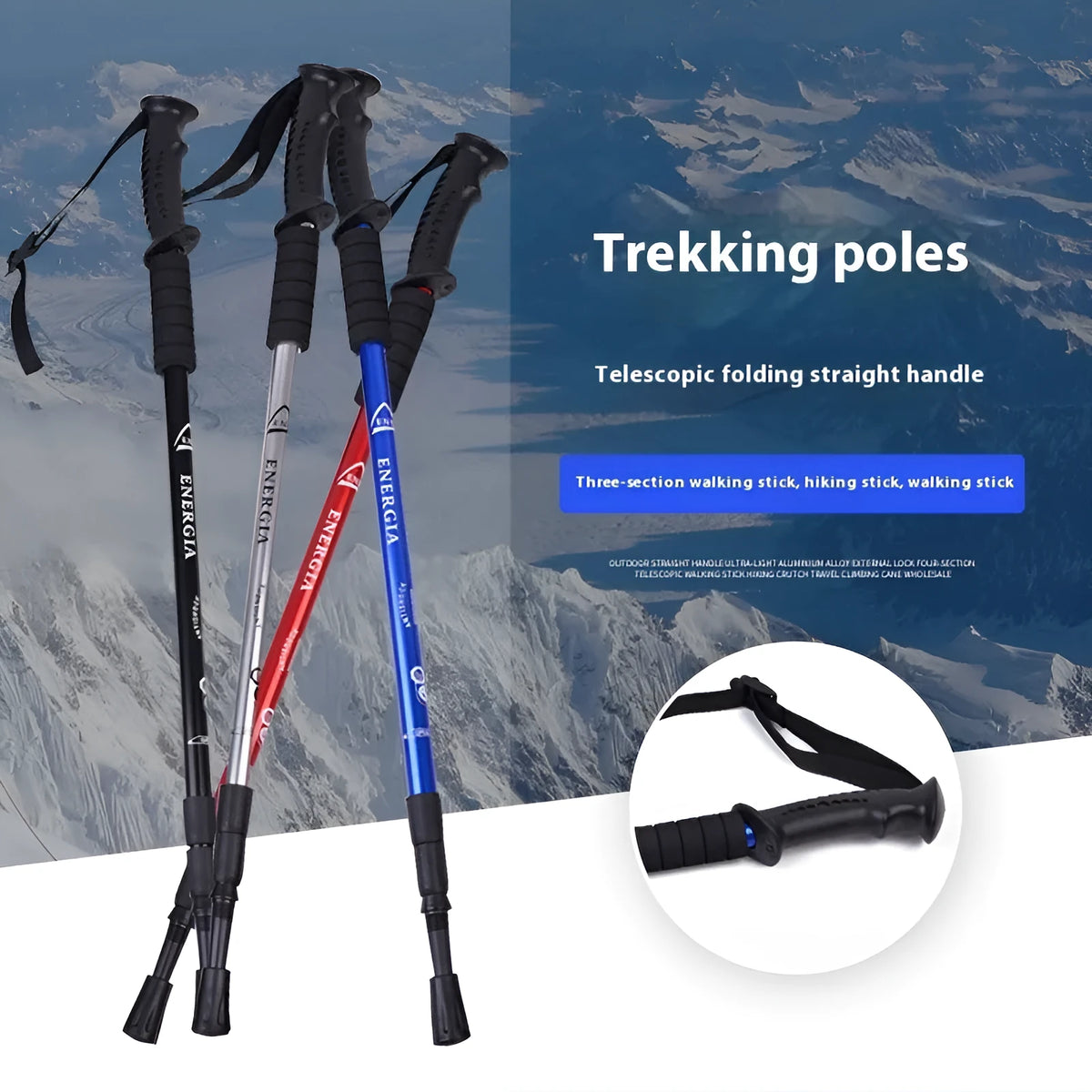 Retractable three-section aluminium alloy walking stick in black extended to 135cm with straight handle