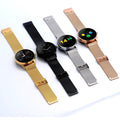 K88H smartwatch in silver with steel strap showing 1.3-inch IPS screen displaying heart rate data.