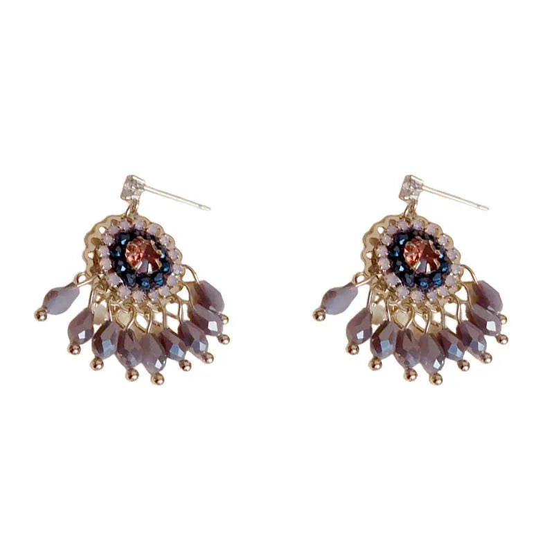 Geometric crystal tassel drop earrings with diamond embedded stones and thick gold plating