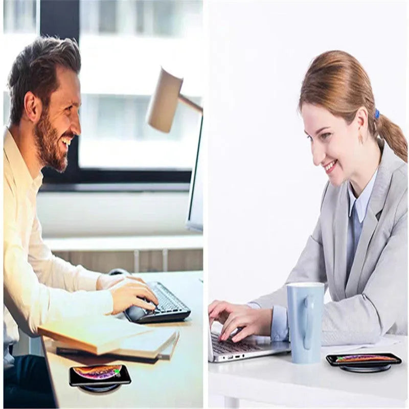 Black wireless charging pad with LED indicator for phones and headphones