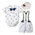 Blue cotton baby boy romper with gentleman print, short sleeves, and climbing style design.