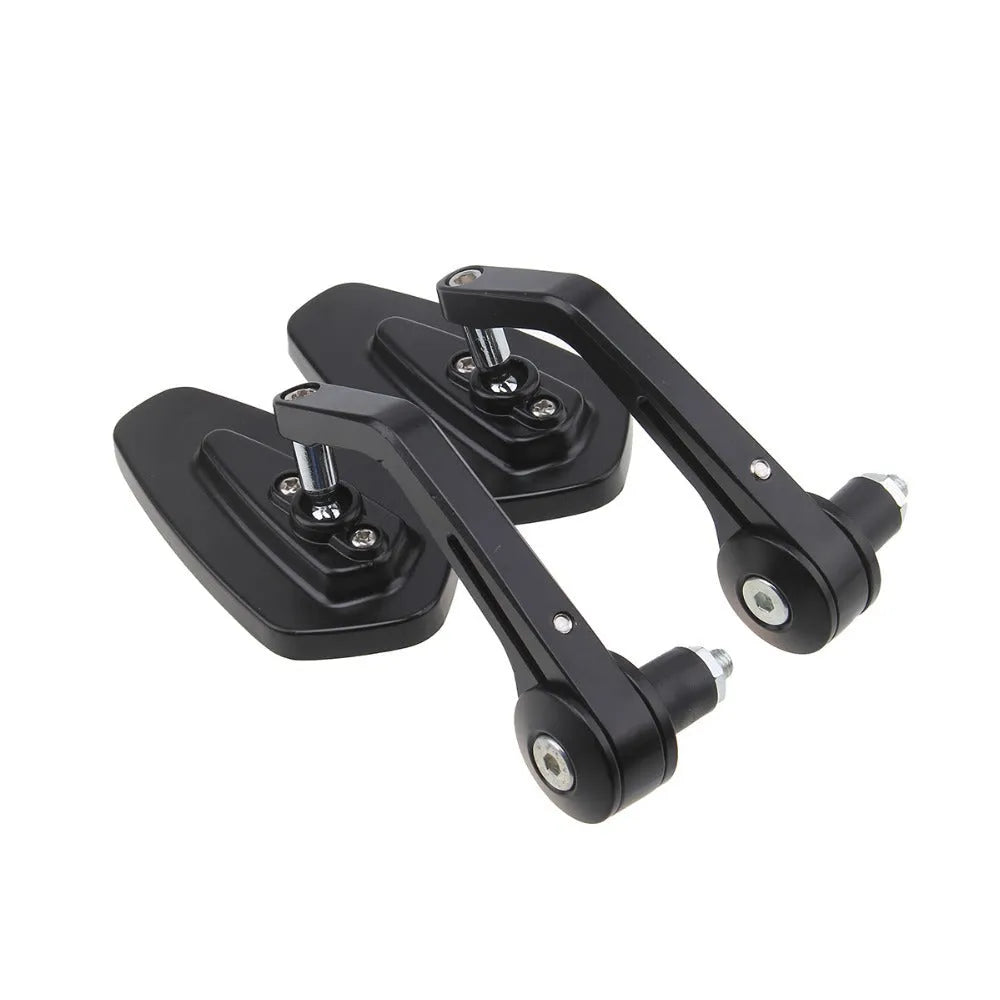 Pair of diamond-shaped aluminium motorcycle mirrors with blue anti-dazzle glass on a motorcycle handlebar