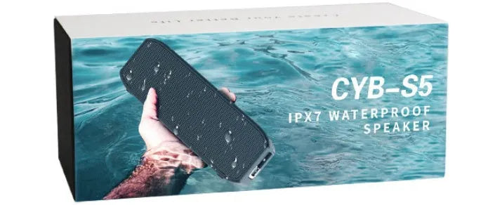Black waterproof wireless Bluetooth speaker with button controls and USB port