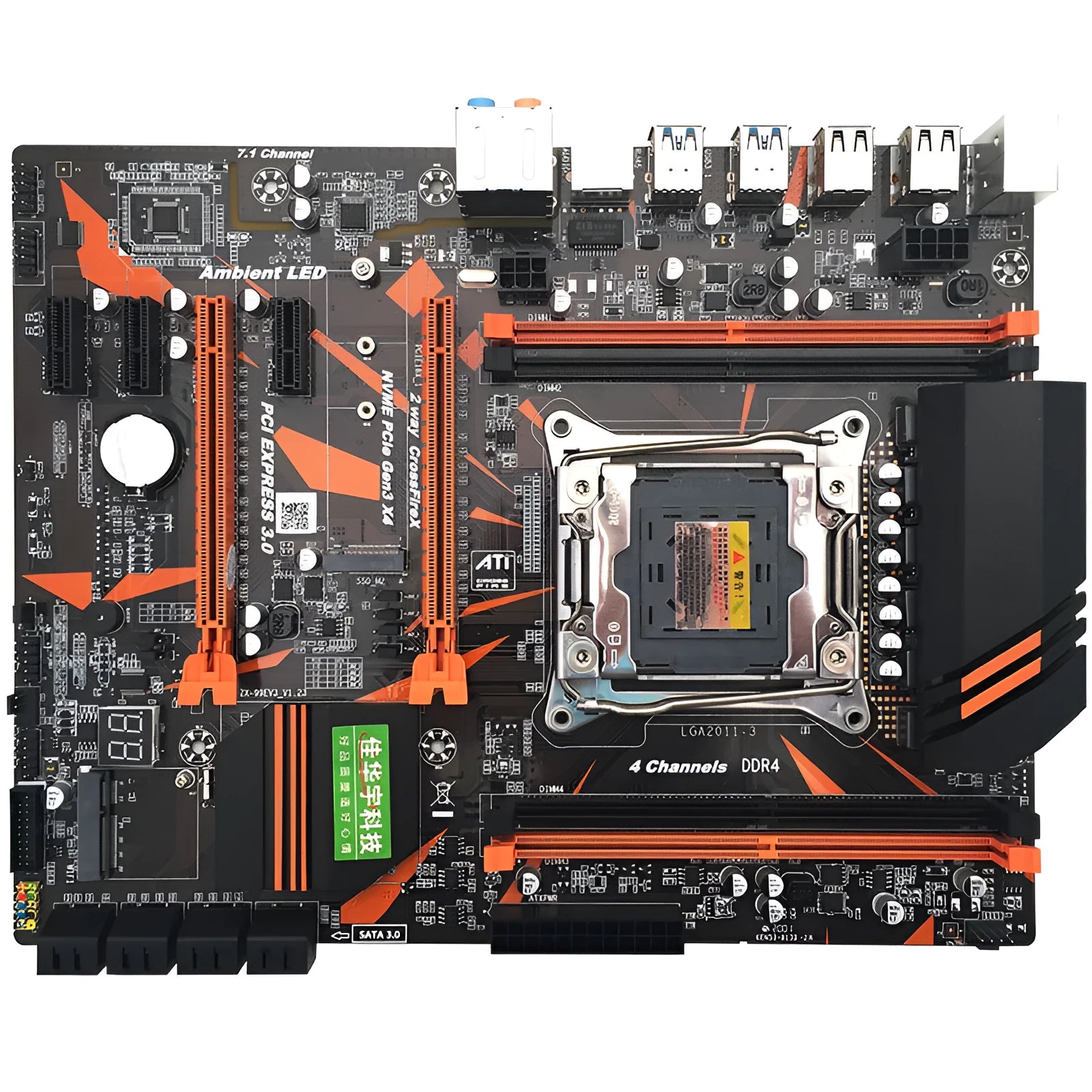 Black X99 chipset desktop motherboard with LGA2011-3 socket, four DDR4 slots, and dual PCI-E x16 slots.