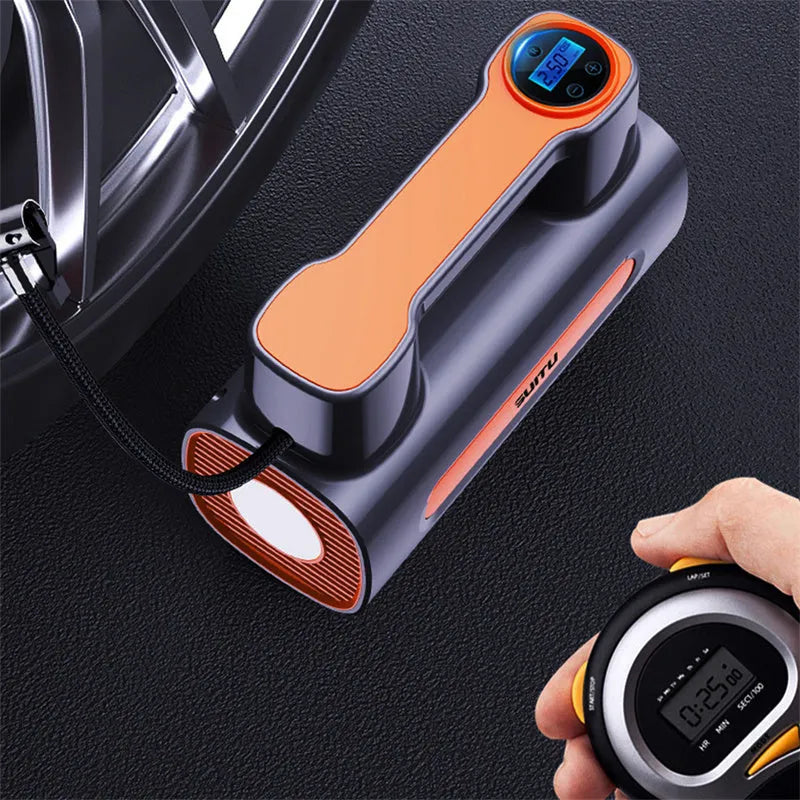 Black portable cordless tyre inflator with digital LCD screen on a grey background