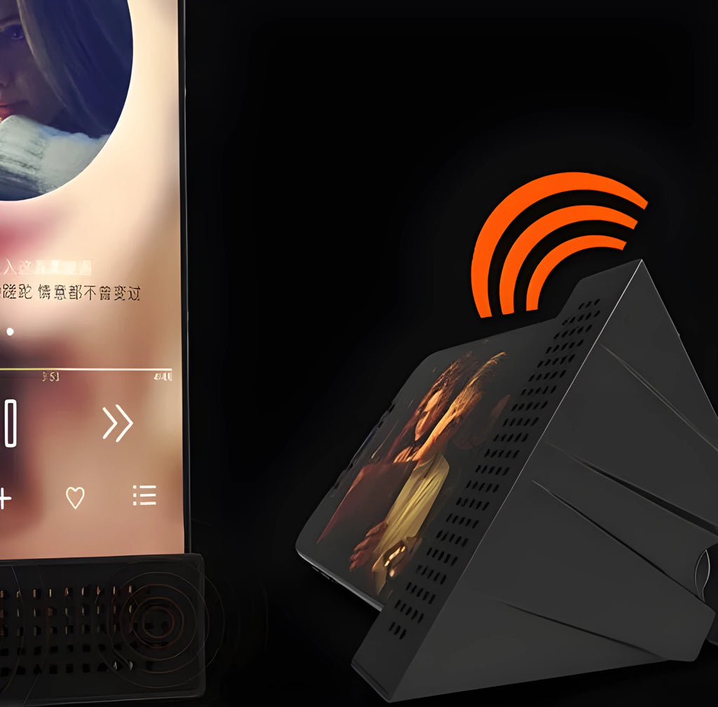 Mini black ABS plastic mobile phone amplifier bracket holding an iPhone on a desktop.