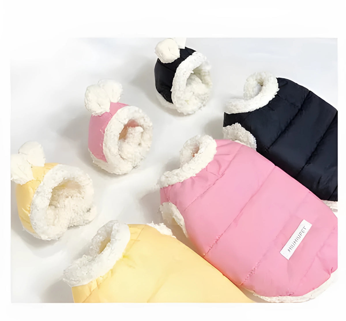 Cotton-padded pet clothes in yellow, black, and pink, sizes XS to XL for dogs and cats