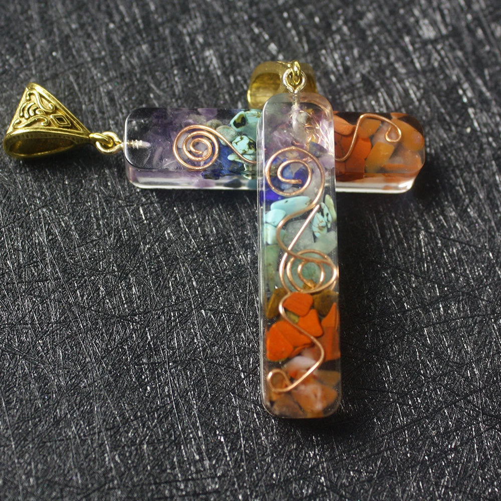 Chakra-inspired acrylic pendant with a unique geometric design and natural variations in the stone patterns