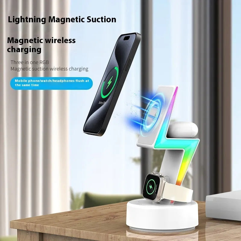 Lightning three-in-one wireless charger for mobile phone watch and headset in black finish