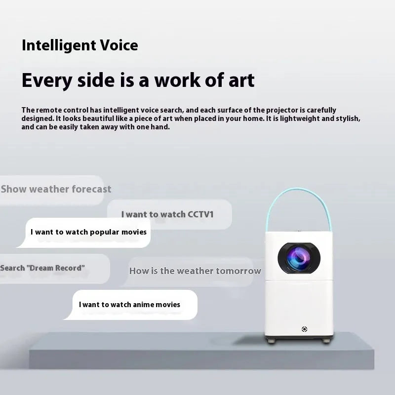 Smart HD home cinema projector with Android operating system and remote control on a table