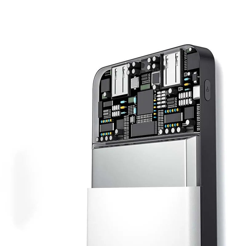 Ultra-thin 10000mAh power bank in black with multi-U port output on a white background
