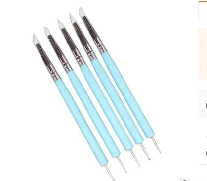 Five double-ended nail art and sculpture tools with silicone tips and wooden handles in light blue, light green, and pink