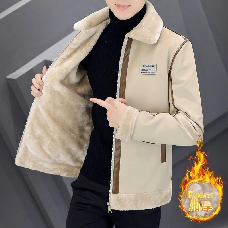 Men's corduroy winter coat with rabbit fur lining and suede leather accents, available in multiple colours and Asian sizes