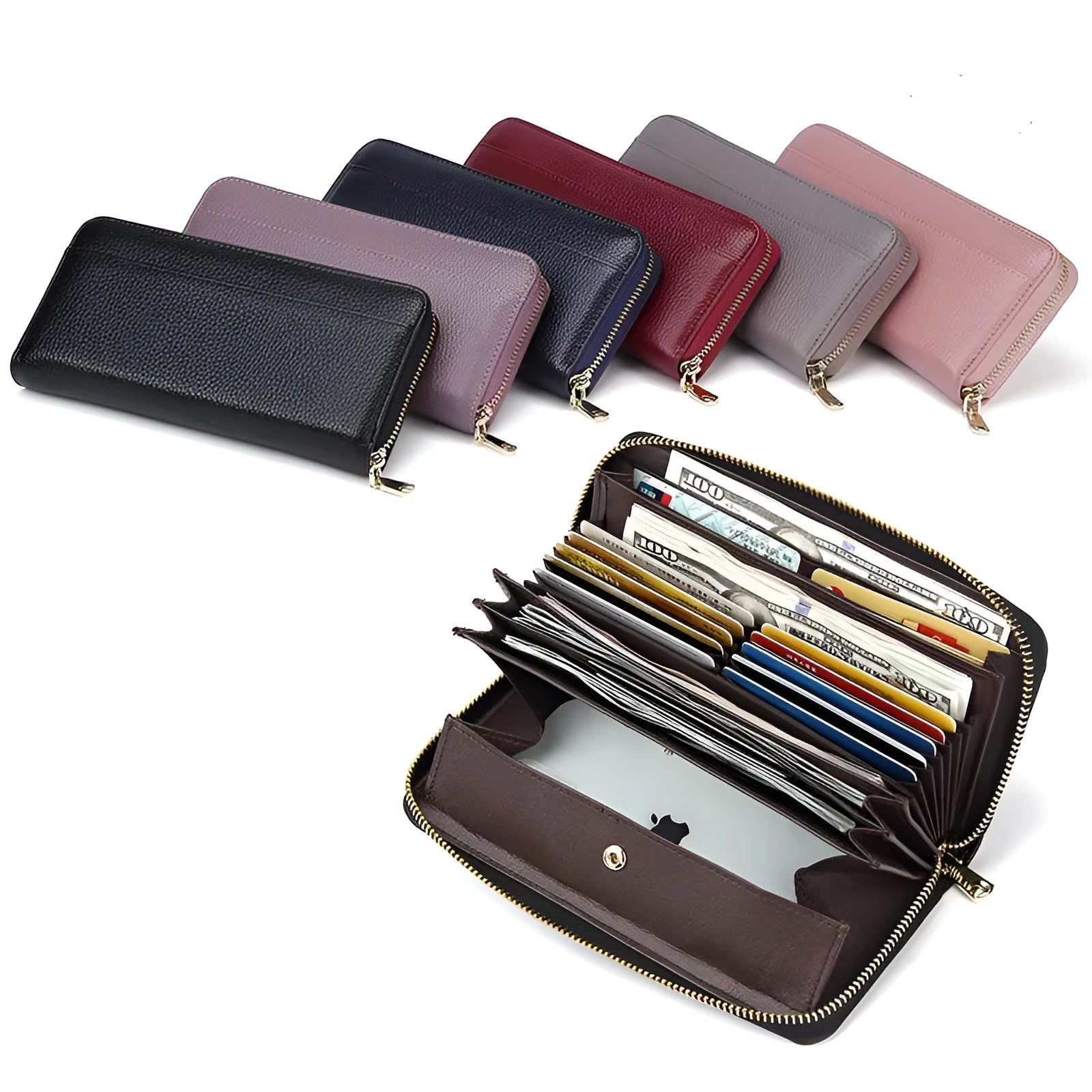 Women's genuine leather long wallet in multiple colours showing interior card slots and anti-theft protection