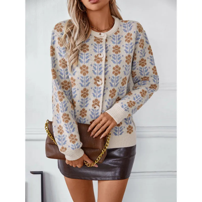 Ladies flower jacquard cardigan sweater coat in apricot or camel, loose fit, sizes S to XL