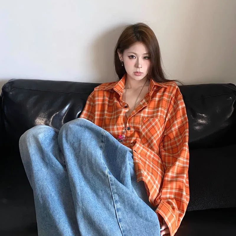 Loose fit retro orange plaid shirt for women with regular sleeves, grid pattern, polyester and acrylic blend