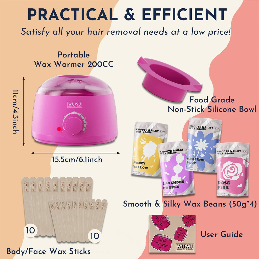 27-piece hair removal waxing kit showing wax heater, coloured wax beads, applicator sticks, and guidebook