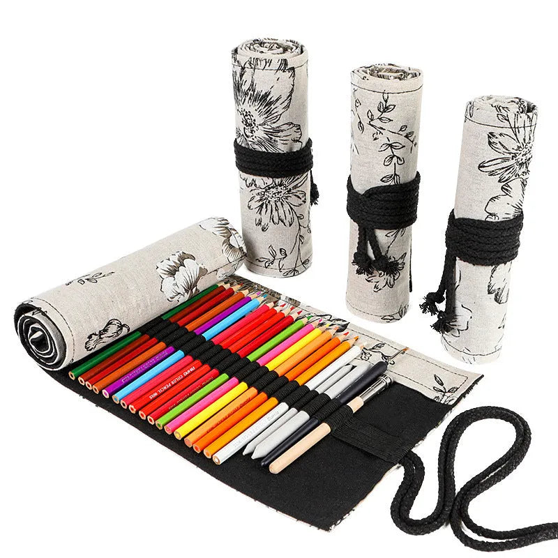 Black Peony floral print canvas pencil roll bag unrolled showing 24 or 72 holes for pencils.