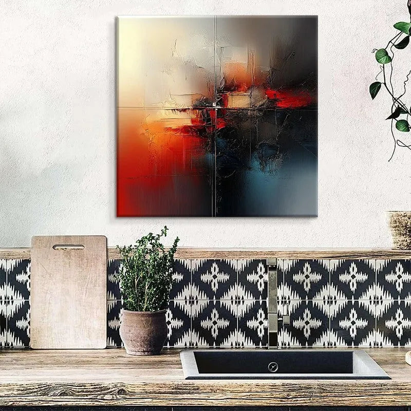 Handmade abstract red oil painting on canvas, square format, rolled frameless wall art