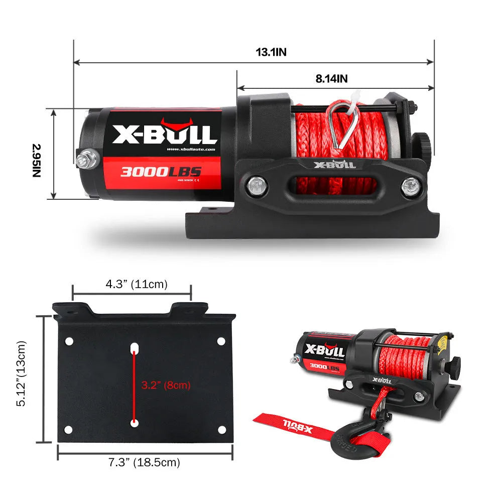 3000 lb electric winch with nylon rope, black, for off road vehicle self rescue, with mounting plate and remote controls