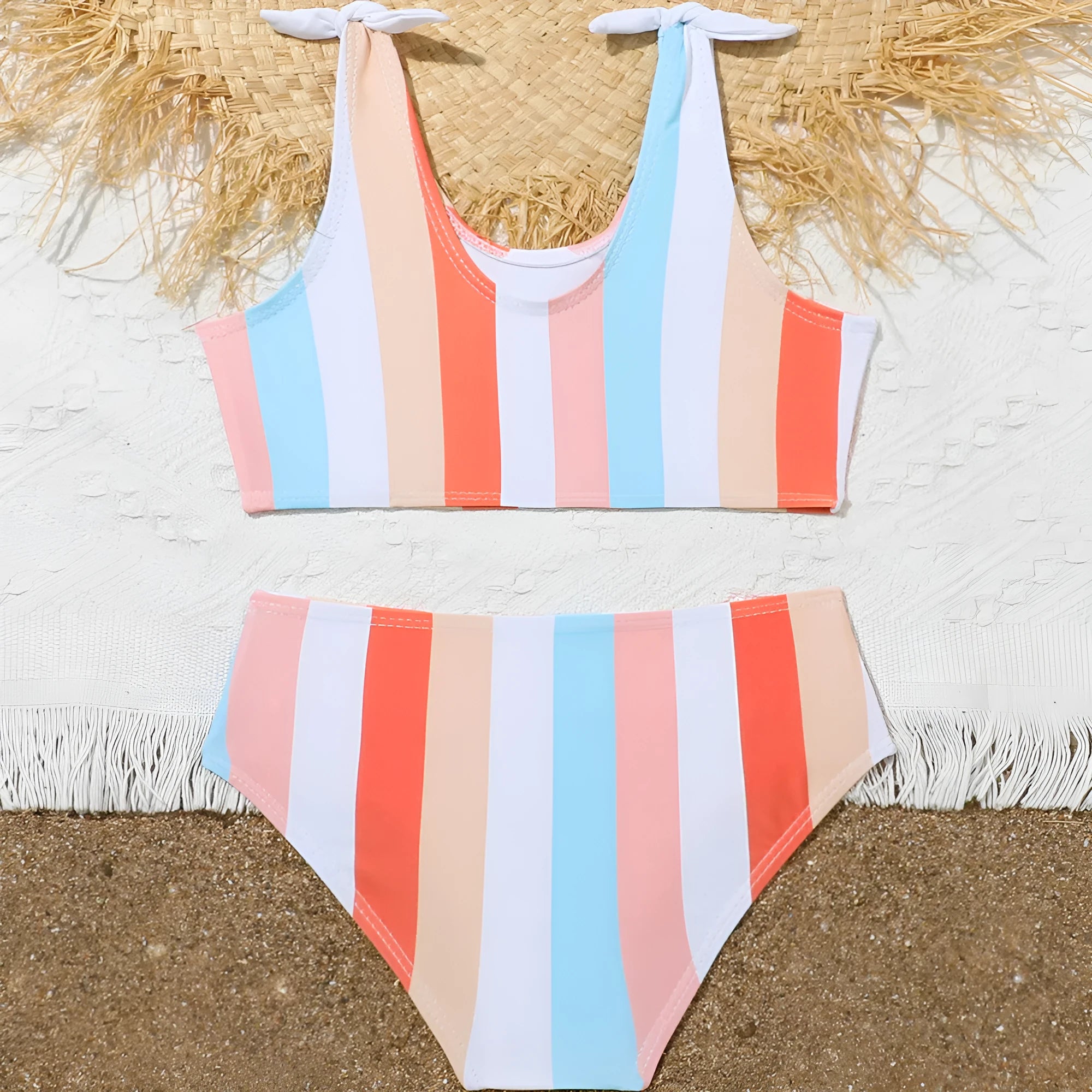 Girls' two-piece plaid print swimsuit with bra top and briefs for swimming.
