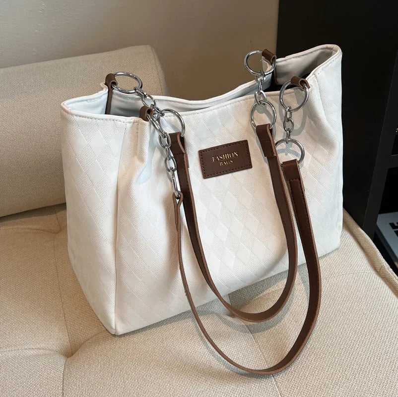 Rhombus pattern PU shoulder bag with chain strap and tote handles, 30cm width, colour contrast design, black