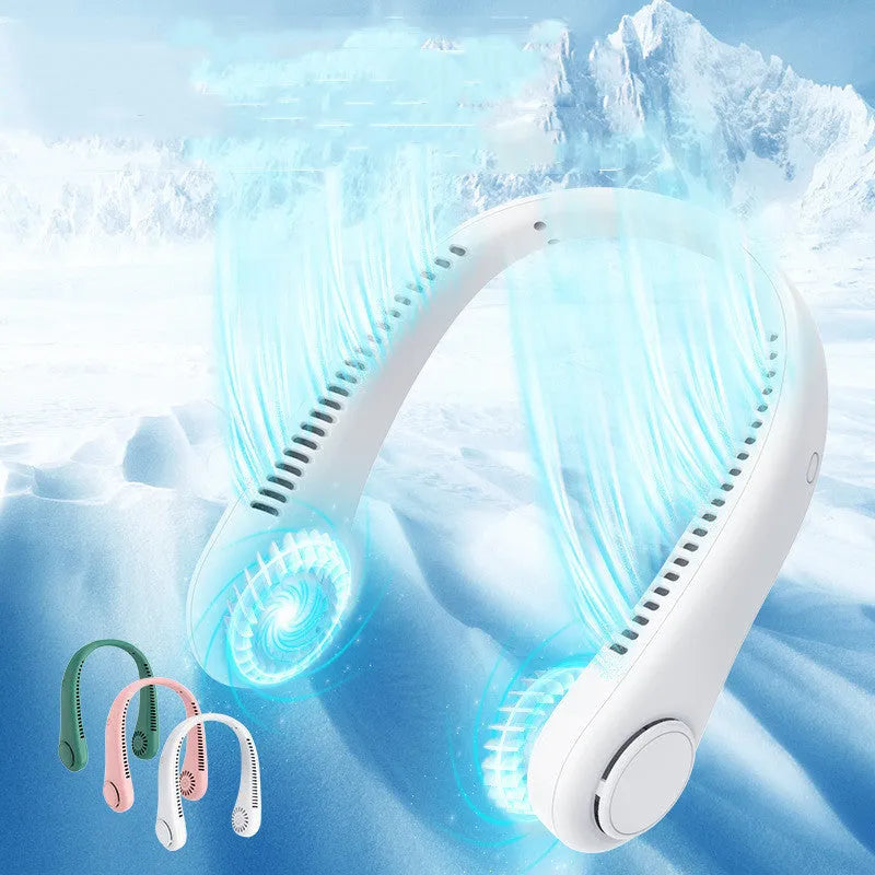 Rechargeable neck fan worn around neck with bladeless design and decentralised air outlet