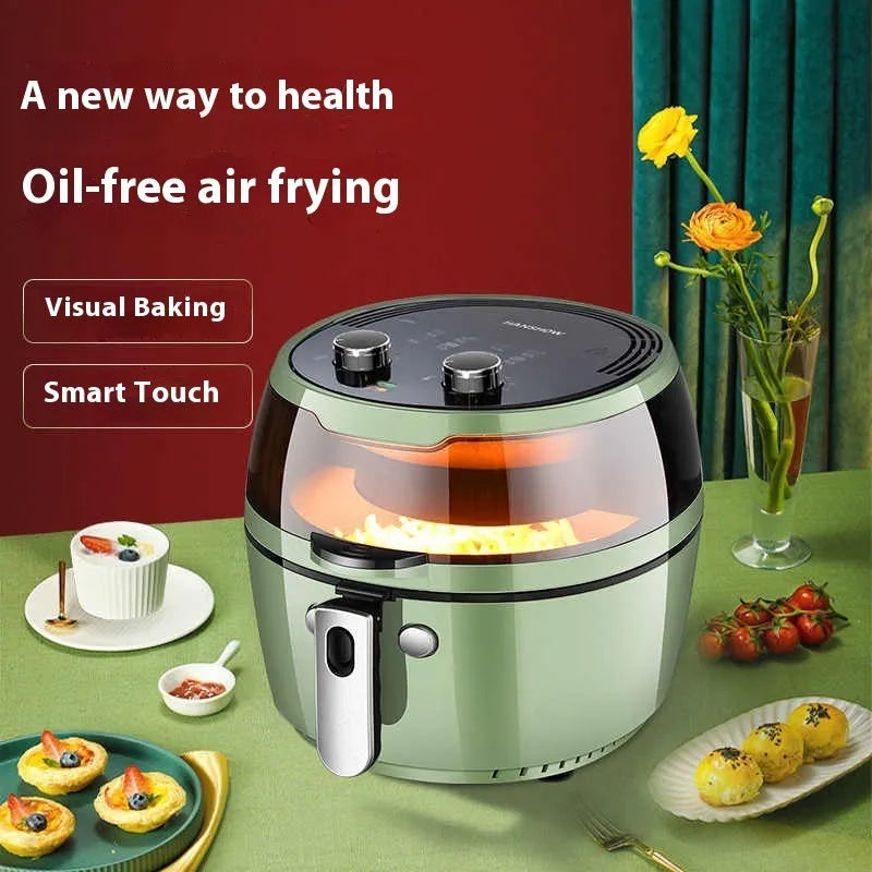 8 litre air fryer oven with visible window and mechanical buttons on countertop