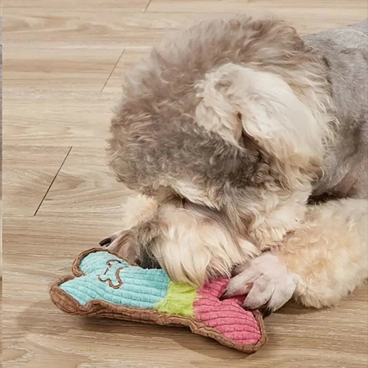 Three plush dog squeaky toys in assorted colours arranged together, showing 17cm size and soft fabric texture.
