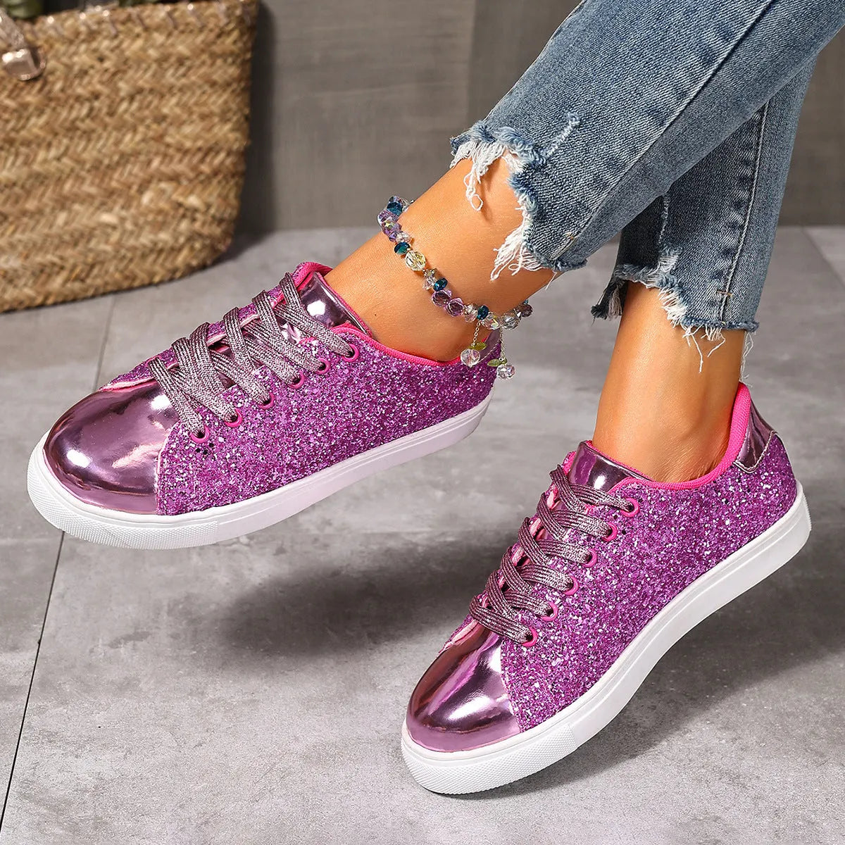 Women's plus size black sequin lace-up flat board shoes on a plain background