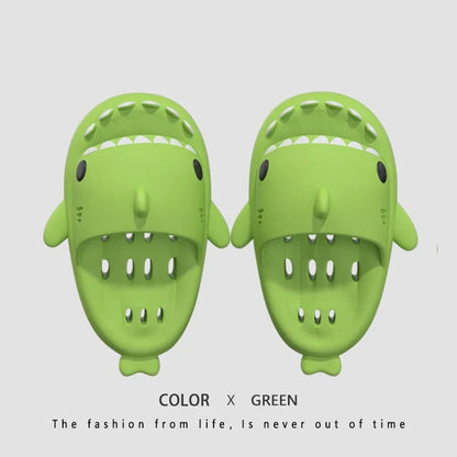 Shark-inspired shower slides with drain holes, featuring authentic shark design details and quick-drying EVA material