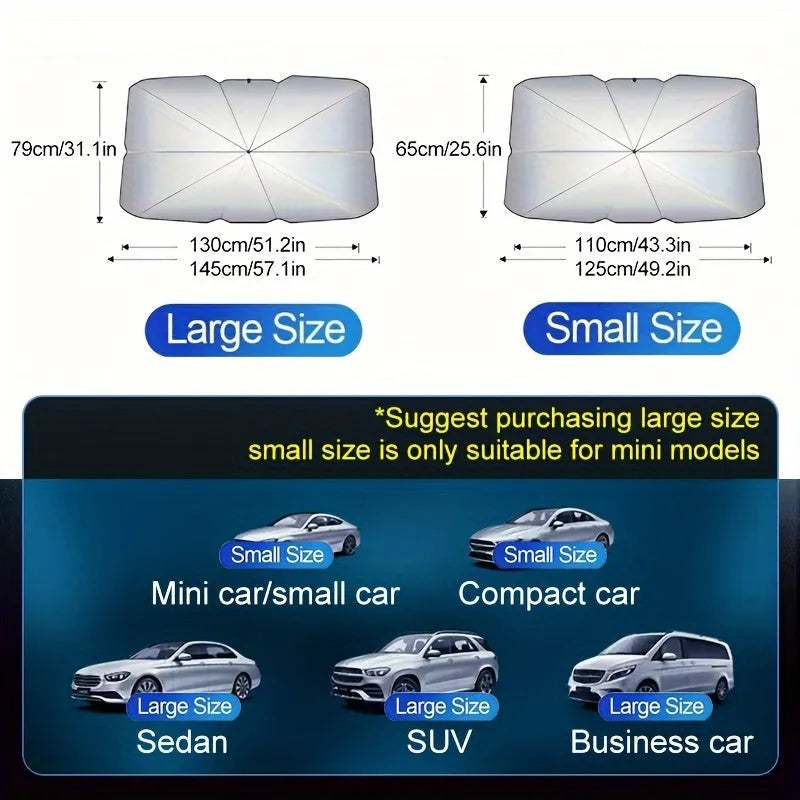 Foldable car windshield sunshade umbrella shown open against a car windscreen and folded compactly.