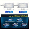 Foldable car windshield sunshade umbrella shown open against a car windscreen and folded compactly.