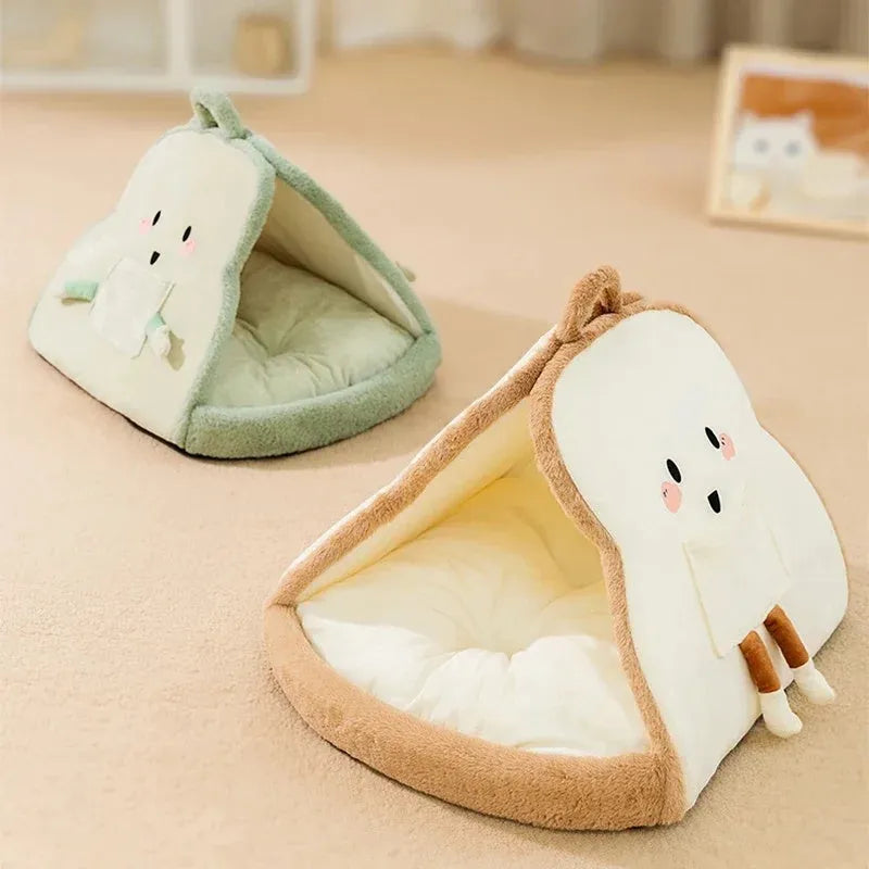 Green winter cat tent with blanket inside showing deep cave design for pet sleeping