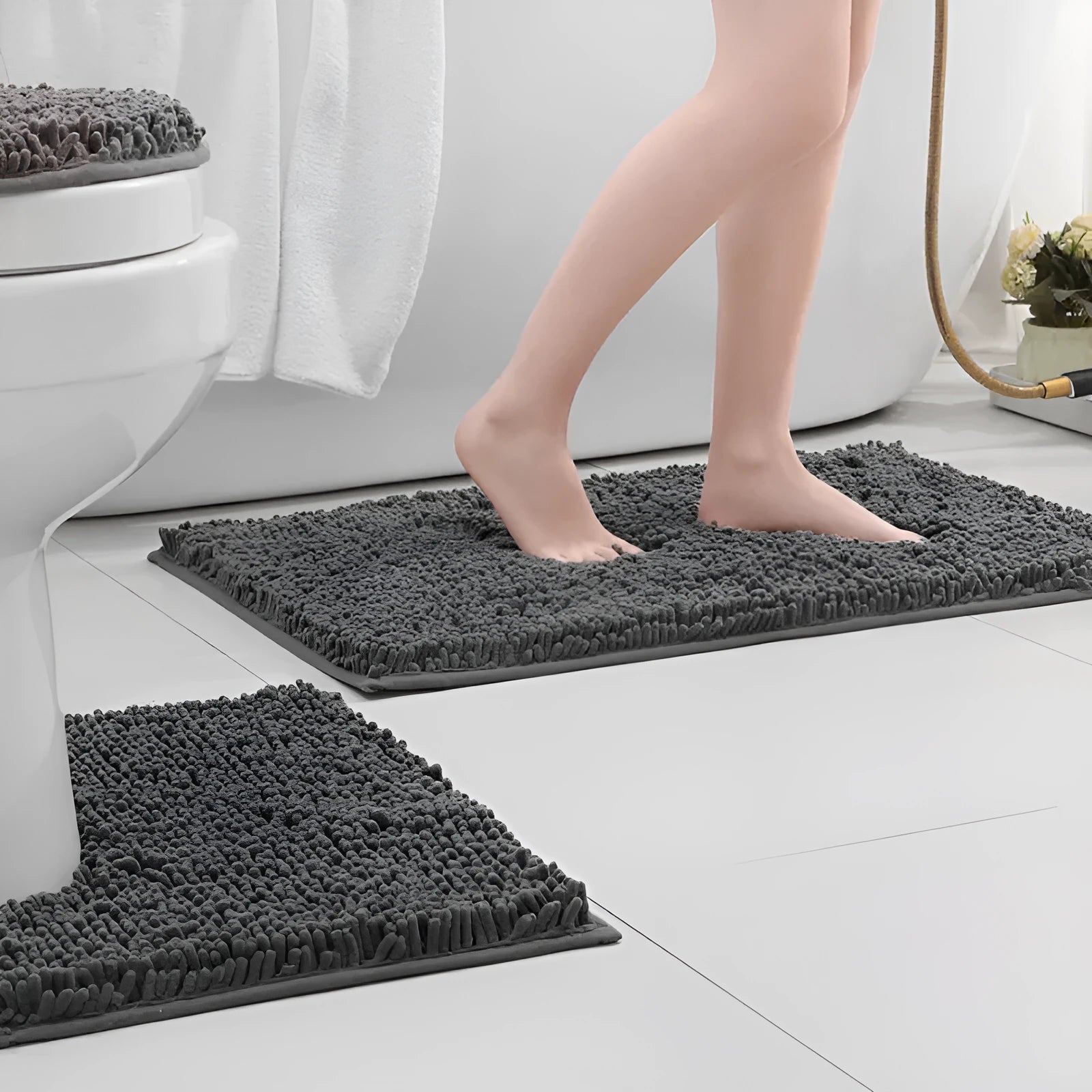 Chenille three-piece bathroom carpet set with U-shaped toilet mat and two rectangular mats in modern simplicity design