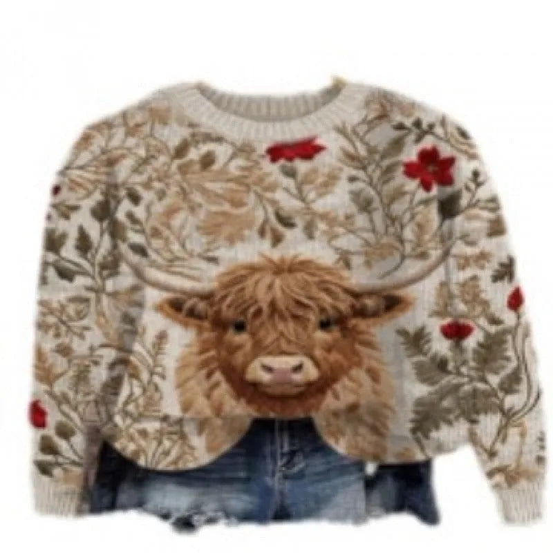 Digital printed floral pattern on a grey round neck sweater, showing the front view.